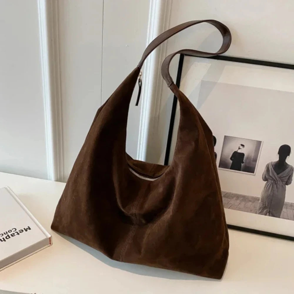 Women Suede Shoulder Bag with Zipper Hobo Bags Large Capacity Handbag Slouchy Bag Commuter Travel Bag Purses and Handbags