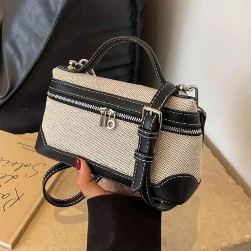 Retro Contrast Color Casual Canvas Handbag Women's New Summer Small Square Crossbody Bag Single Shoulder Sling Bag